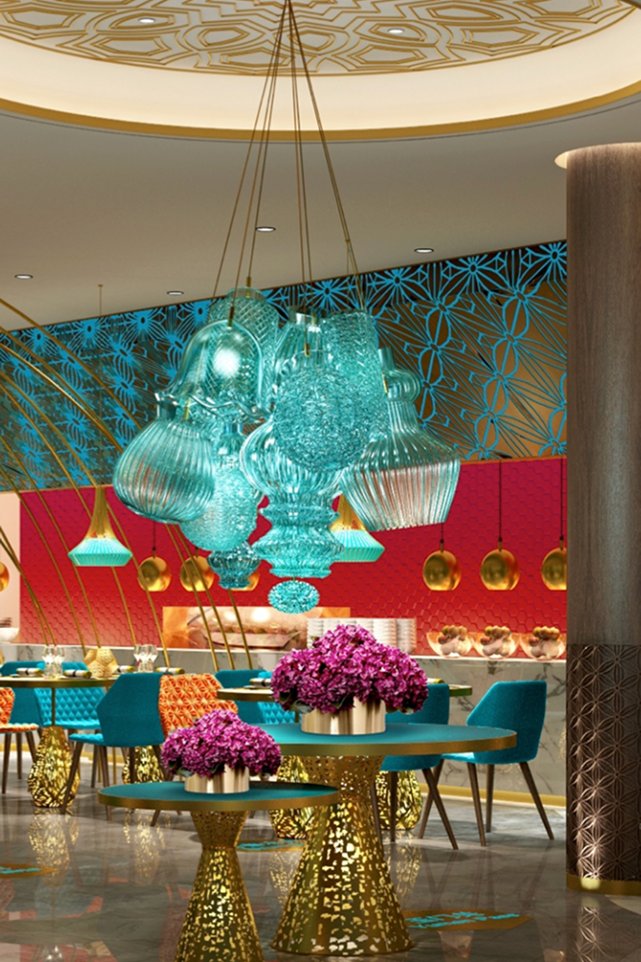 Alijiang dining room – blue velvet, ornate lights