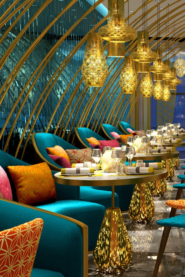 Central bar and dramatic chandelier